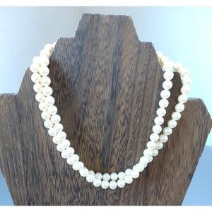 Vintage Crown Trifari Double Strand Cream Faux Pearl Rhinestone Clasp Necklace